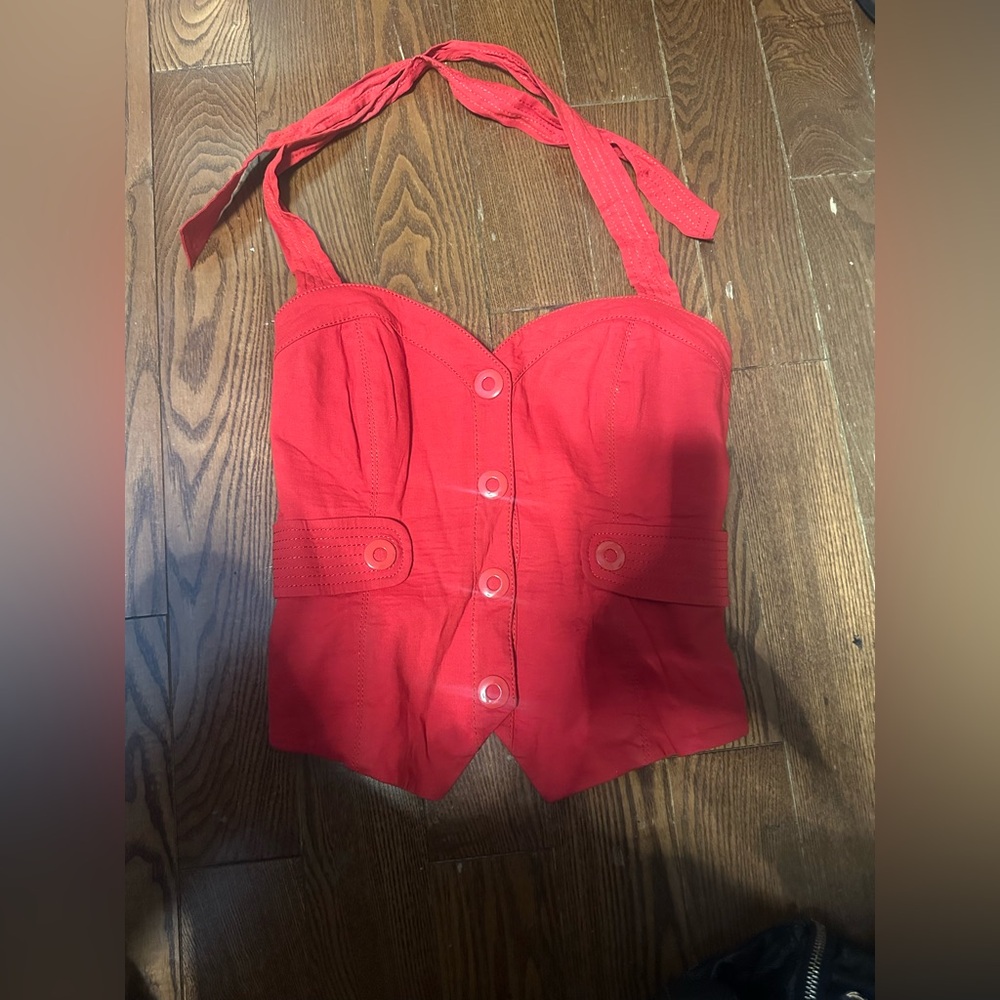 bebe Red Halter Button-Up Blouse